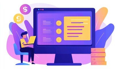 Online Finance Management: Person working on laptop, managing finances on desktop screen with currency symbols and stacks of money.