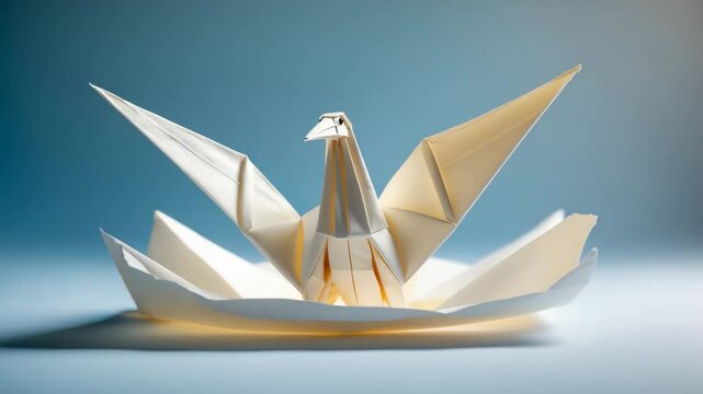 Suddenly, the concept of birth or rebirth is illustrated by an origami bird emerging from a flat sheet of paper, symbolizing creativity and metamorphosis as a hallmark of success and a