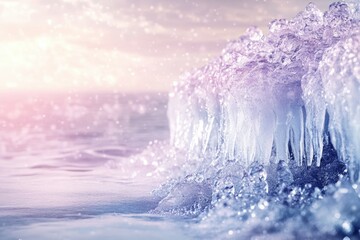 Icy waves crash against a frozen shore, creating a stunning winter scene.