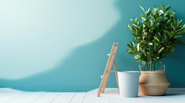 Modern teal wall paint demonstration with wooden ladder and plants.