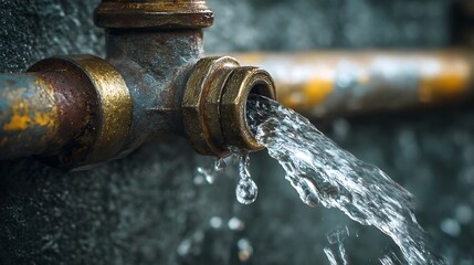 A leak in the central water pipe requires immediate repair, water flows out through the valve. Close-up .