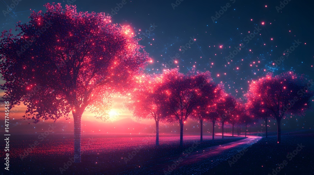 Poster Enchanted trees glow under a mystical sky, illuminating a path into the unknown. Sunset hues blend in this magical landscape, a serene Future Farming Background.