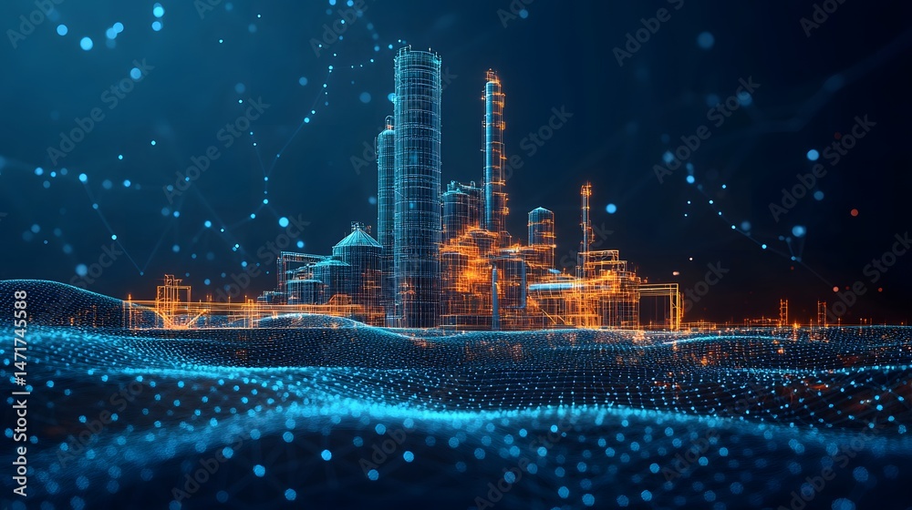 Aufkleber Futuristic industrial complex rendered in wireframe. Blue and orange lines define towers and tanks, connected by a digital network. Glowing dots suggest data flow. Abstract dark blue wireframe