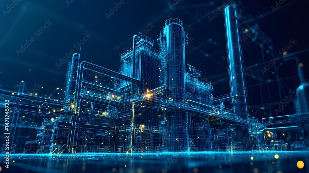 Aufkleber futuristic industrial plant wireframe visualization. blue toned rendering with yellow data points hi