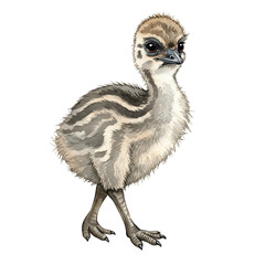 Cute Little Emu Chick Watercolor Illustration isolated on white background.
