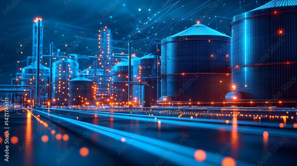 Aufkleber Futuristic industrial scene with glowing towers and pipelines. Digital grid overlay and reflective surface create depth. High-tech aesthetic. Ideal for technology or Abstract dark blue wireframe