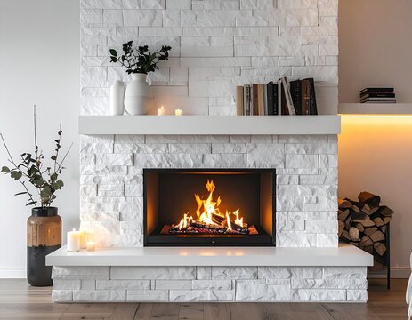 A stylish modern fireplace with white stone surround, decorated mantel featuring