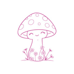Happy Mushroom Character Growing in Grass with Small Flowers Illustration