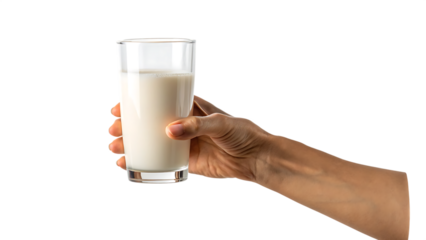 hand holding a glass of milk isolated on white background, PNG