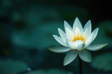 Elegant white water lily with yellow center, contrasted against a blurred, cool green, aquatic background, creating a serene composition.