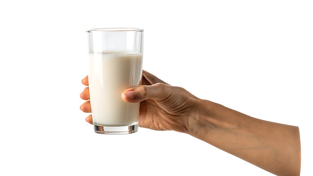 hand holding a glass of milk isolated on white background, PNG
