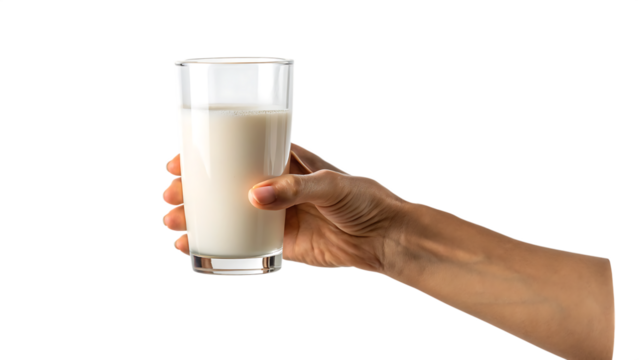 hand holding a glass of milk isolated on white background, PNG