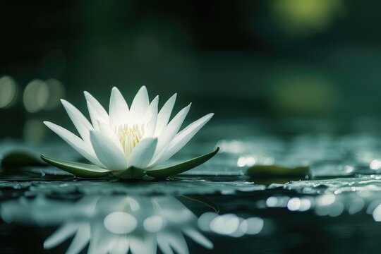 Serene white water lily blooming on dark water, creating a peaceful, meditative reflection. Tranquil scenery with calming, natural tones. - Powered by Adobe