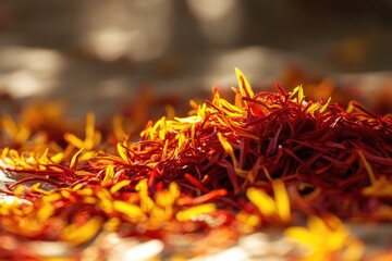 Close-up shot showcasing vibrant, red and yellow saffron threads illuminated by sunlight on a textured surface, creating a warm, inviting atmosphere.