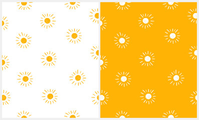 Cute Childish Seamless Vector Patterns With Hand Drawn Sun on a White And Yellow Background. Infantile Style Endless Design With Doodle Sun. Sunny Wallpaper. Crayon Drawing-like Abstract Sun.