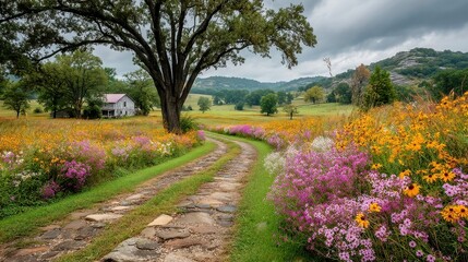Tank trails weave through a vibrant wildflower field, contrasting the harshness of warfare with the delicate beauty of nature's blooms.