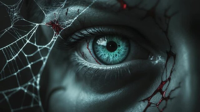 Mysterious eye emerging from darkness: A psychological exploration of addiction and horror themes, featuring a hacker or gamer&rsquo;s eye amidst cobwebs and cracks.