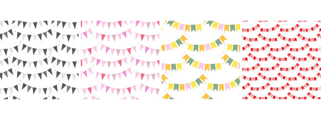 Festive pennant garland on rope Seamless Pattern Grayscale Monochrome pink, red and multicolored Set