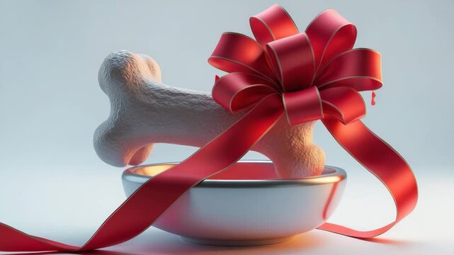 Ai rendering of a dog bone with red bow inside bowl, isolated on white background