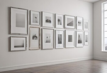 Stylish white wall featuring empty and filled modern frames, ready for art placement ,  office,  picture frame mockup
