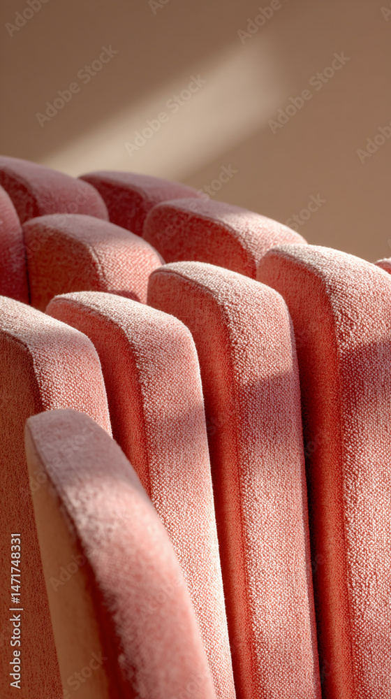 Poster close-up of salmon-pink fabric texture, showing plush, smooth surface rows of fabric suggest seating