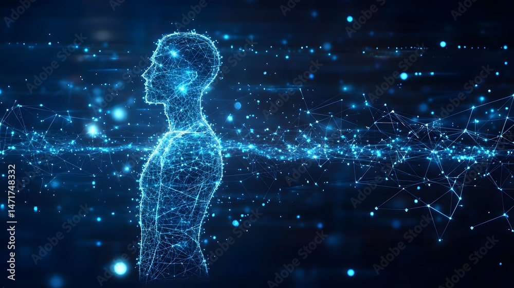Aufkleber a digital human figure emerges from a connected network, illustrating advanced technology and the fu