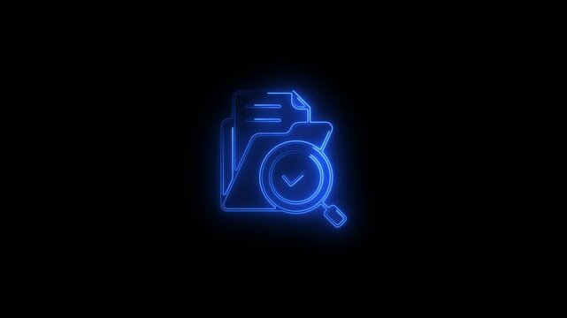 Glowing neon Analysis case study with magnifying glass icon.HD motion graphic video animation with neon effects.isolated on a black background.
