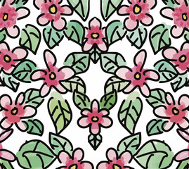 flower heart bouquet mandala of pink flowers and green leaves- vector