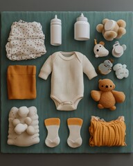 Baby essentials laid out on a teal surface.  Soft, neutral colors and textures