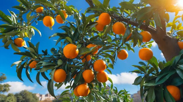 Perspective of an aurantium citrus tree in a setting, its limbs heavy with mature bitter oranges.