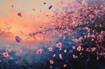 Cherry blossoms falling in the breeze at sunset