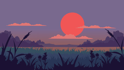 Vector illustration of red sunset over lake in flat design style