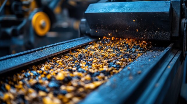 Close-up of a conveyor belt transporting shiny metal shavings in an industrial setting