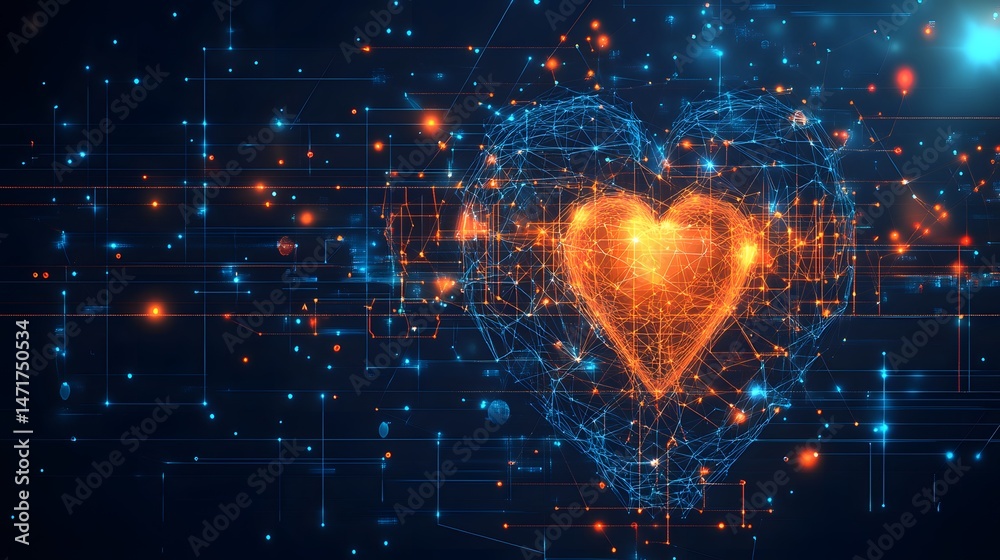 Poster Interconnected hearts glow within a complex network, radiating technological warmth and connectivity, symbolizing innovation, love, and the future of data. Abstract dark blue wireframe