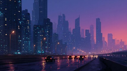 Fototapeta premium City skyline at dusk with water reflection and lights digital art.