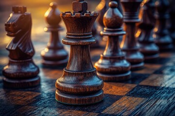 A closeup of wooden chess pieces on a checkered board, bathed in a warm, golden light, highlighting strategy and intellectual game play.