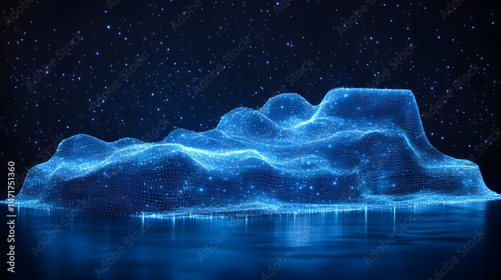 Aufkleber Futuristic digital landscape with a reflective surface showing an illuminated grid terrain under a starry sky. High-tech and ethereal data visualization. Abstract dark blue wireframe.