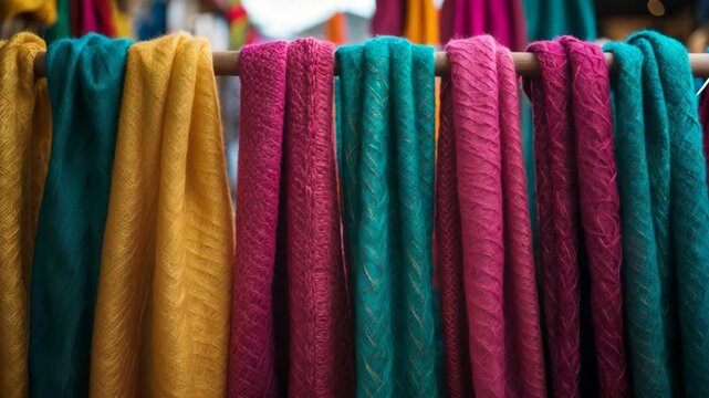 Vibrant wool scarves hanging on a rod at the market.
