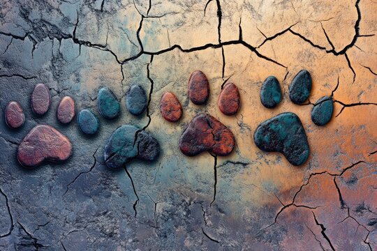 Colorful paw prints on a cracked, textured surface, creating a unique and artistic composition with a blend of rustic and modern aesthetics. - Powered by Adobe