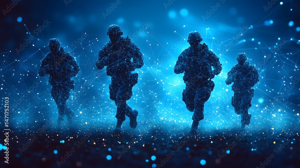 Leinwandbilder futuristic soldiers run in a digital world. wireframe figures sprint across a glowing landscape, emb