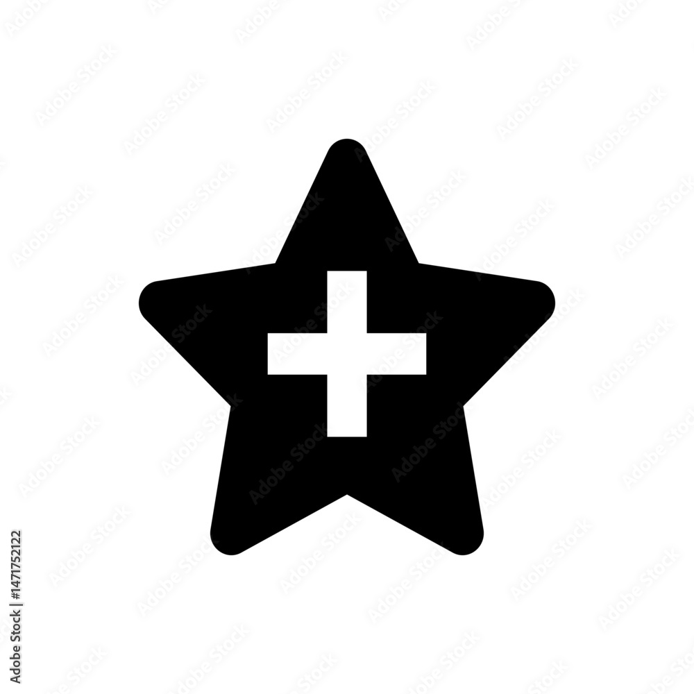 Poster black star shape with rounded edges and a white plus sign centered within the star shape design elem