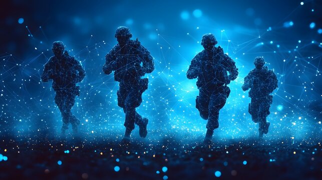 Futuristic soldiers run in a digital world. Wireframe figures sprint across a glowing landscape, embodying a virtual battle. Digital constructs engaged in simulated combat. Abstract blue wireframe