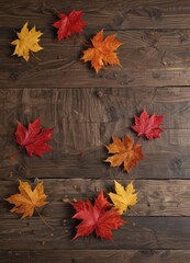 Crimson & gold maple leaves scattered on rustic wood grain , image, background