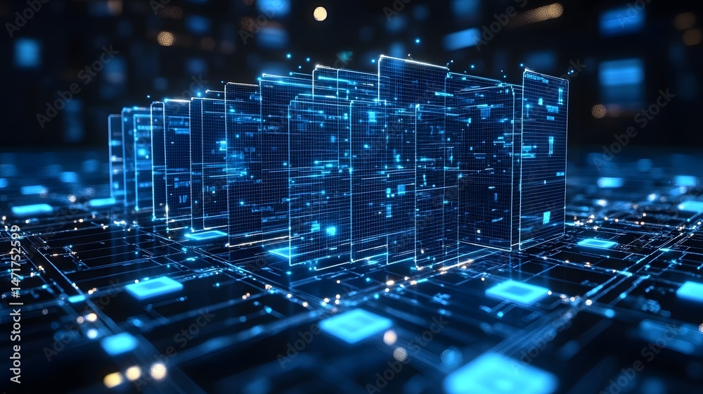 Poster Futuristic digital city with glowing blue grids. High-tech network infrastructure represents data processing and advanced digital architecture. Ideal for tech concepts. Abstract dark blue wireframe