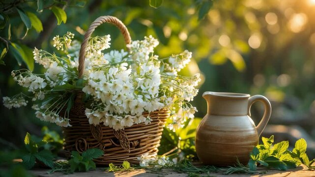 Elder flowers in a garden basket - herbs for syrup preparation with a jug and rays of sunshine