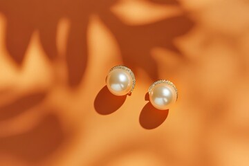 Delicate pearl earrings,  set against a warm orange backdrop with leaf shadows.  Pearls with tiny diamonds encircle a smooth, lustrous surface