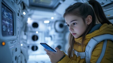 Teenage girl using her smartphone to explore a virtual space station with interactive simulations and educational content The focus is on the future of space exploration and technology