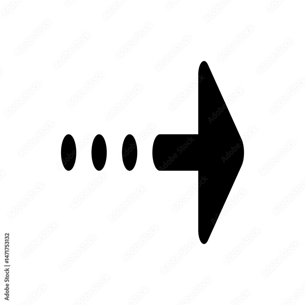 Poster Black arrow pointing right with three dots indicating progress or sequence on a white background view