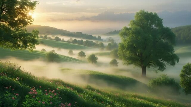 Morning mist in the countryside of hainau, rhein-lahn-kreis, rhineland-palatinate, germany