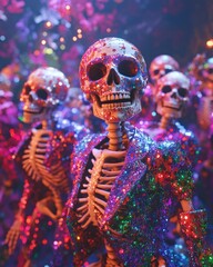 Skeletal figures in vibrant, sparkly suits.  A festive, spooky scene